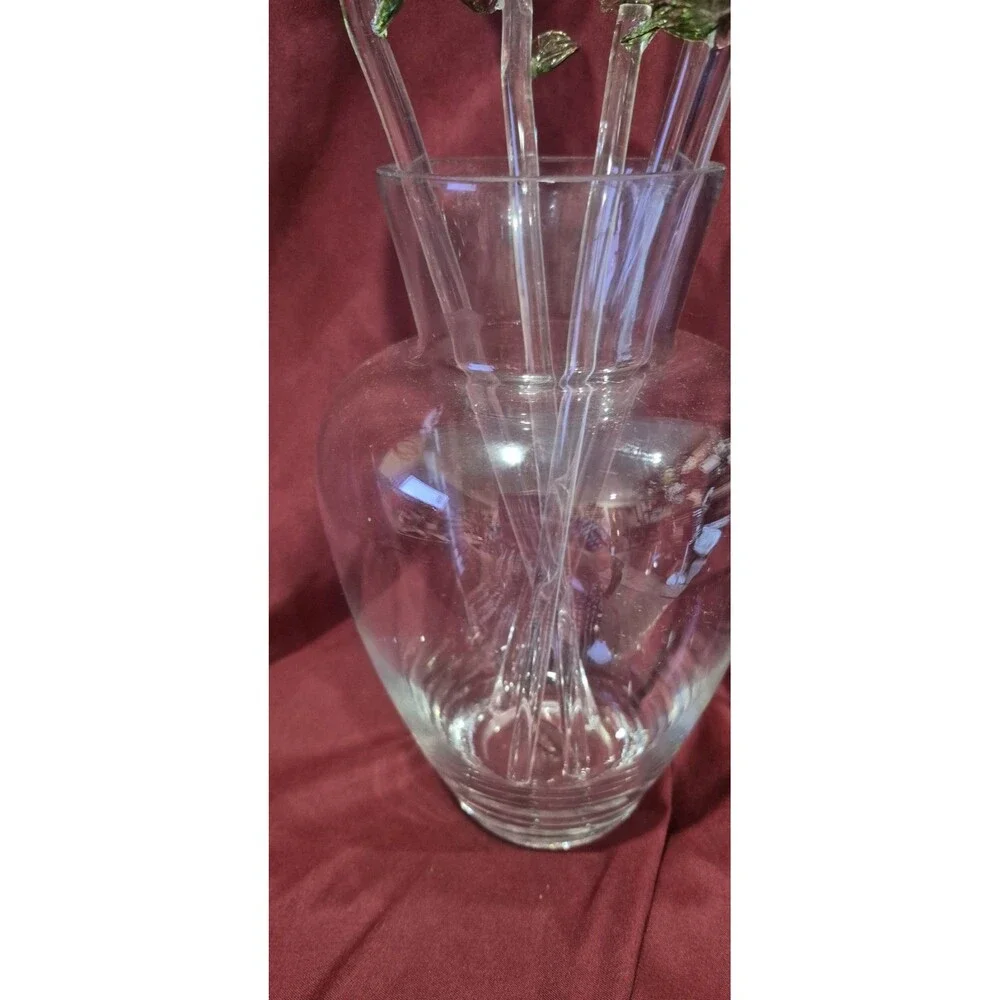 New Eros Glass Rose Bouquet Set 6 Crystal Pink Roses 8” Heart Vase New In Box